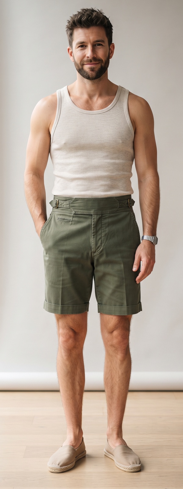 Oatmeal Ribbed Tank Top with Olive Gurkha Shorts and Espadrilles