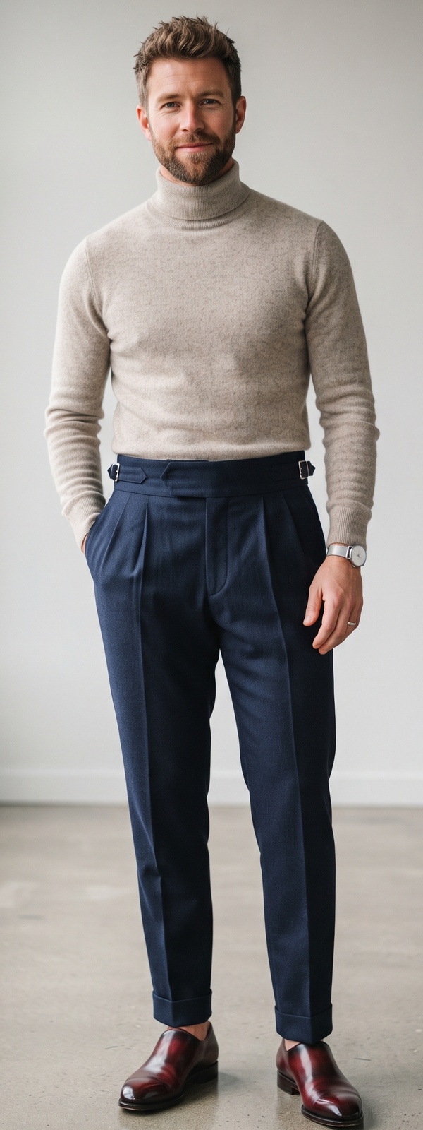 Oatmeal Cashmere Turtleneck Sweater Tucked Into Navy Wool Gurkha Pants With Burgundy Oxfords