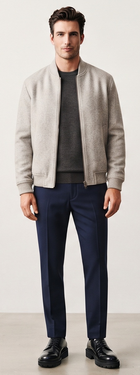 Minimalist Oatmeal Wool Bomber Charcoal Sweater and Navy Dress Pants Look