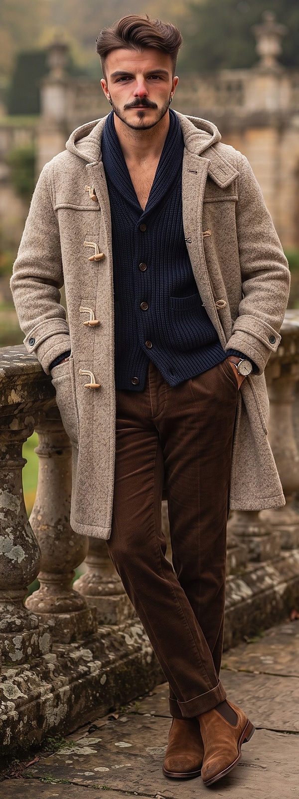 Oatmeal Wool Duffle Coat Navy Shawl Cardigan and Brown Corduroy Pants Look