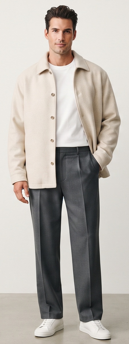 Airy Scandinavian Oatmeal Wool Overshirt White Tee and Pleated Dress Pants Look