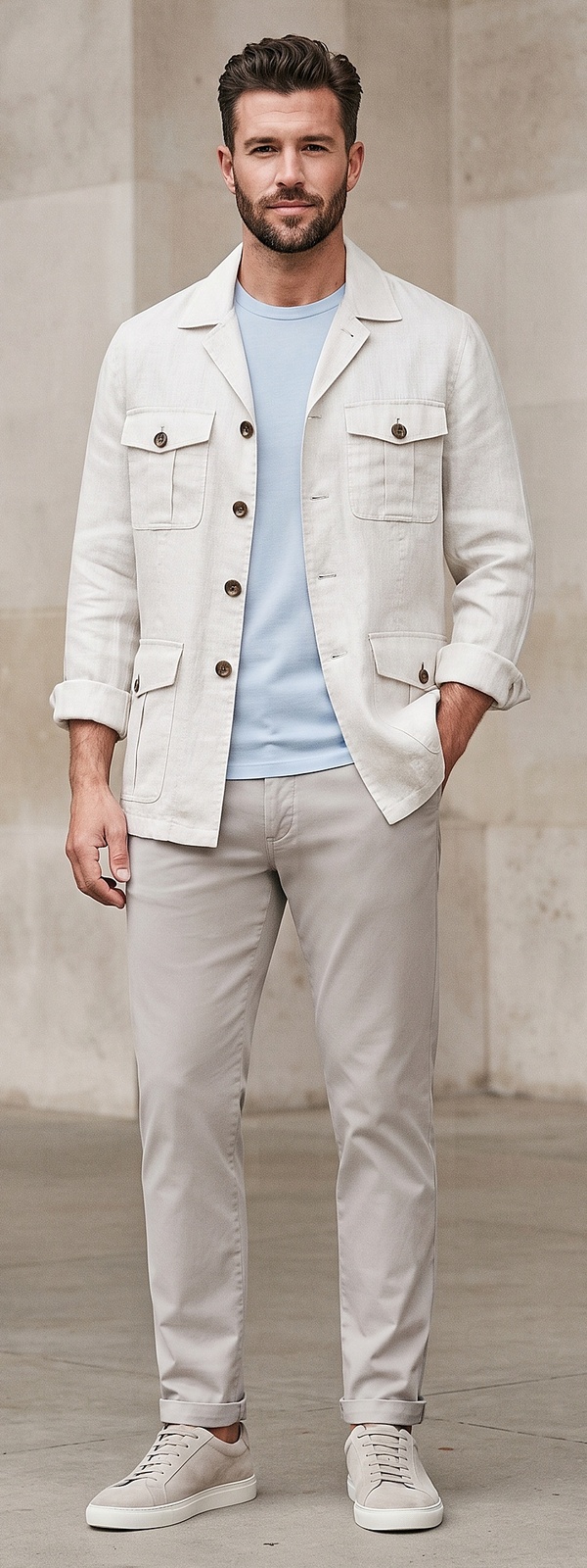 Off-White Linen Safari Jacket and Light Blue Tee Summer Casual Look