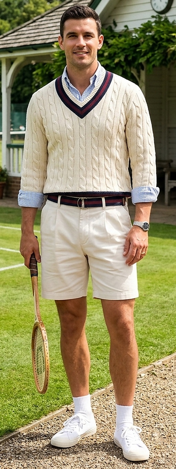 Old Money Summer Tennis Club Cable Knit V-Neck and Pleated Chino Shorts Look