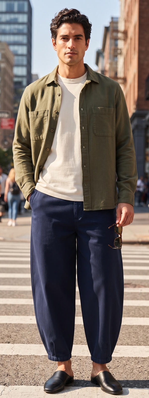 Olive Canvas Overshirt, Off-White Tee, and Navy Balloon Pants
