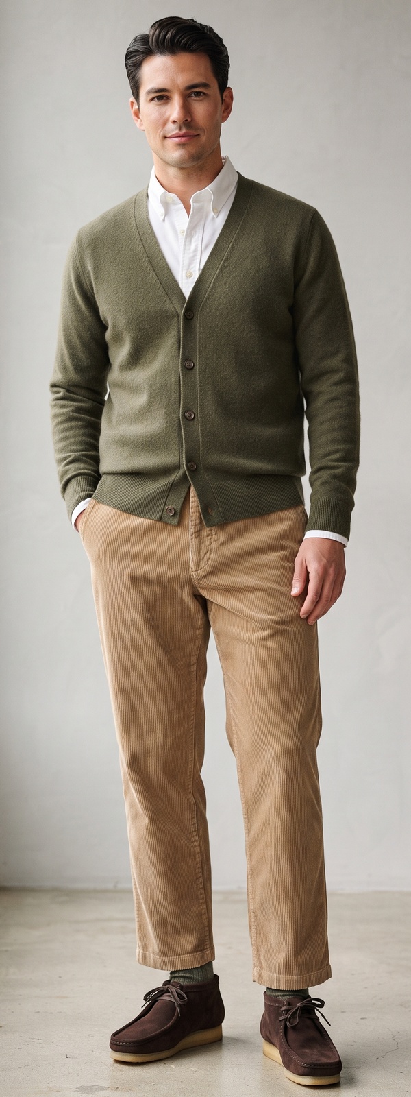 Olive Green Merino Cardigan with White Oxford Shirt and Tan Corduroy Pants