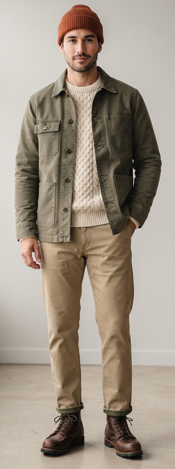 Olive Canvas Chore Jacket with Cream Cable Sweater and Khaki Chino Pants