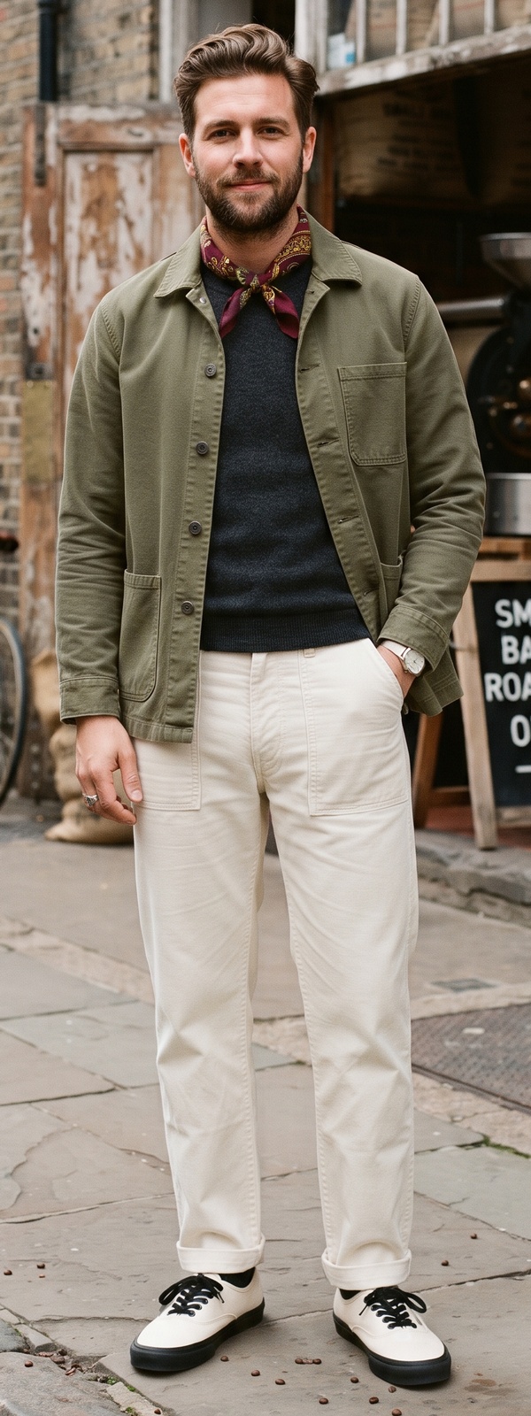 Urban Heritage Olive Chore Jacket with Neckerchief and Fatigue Pants Look
