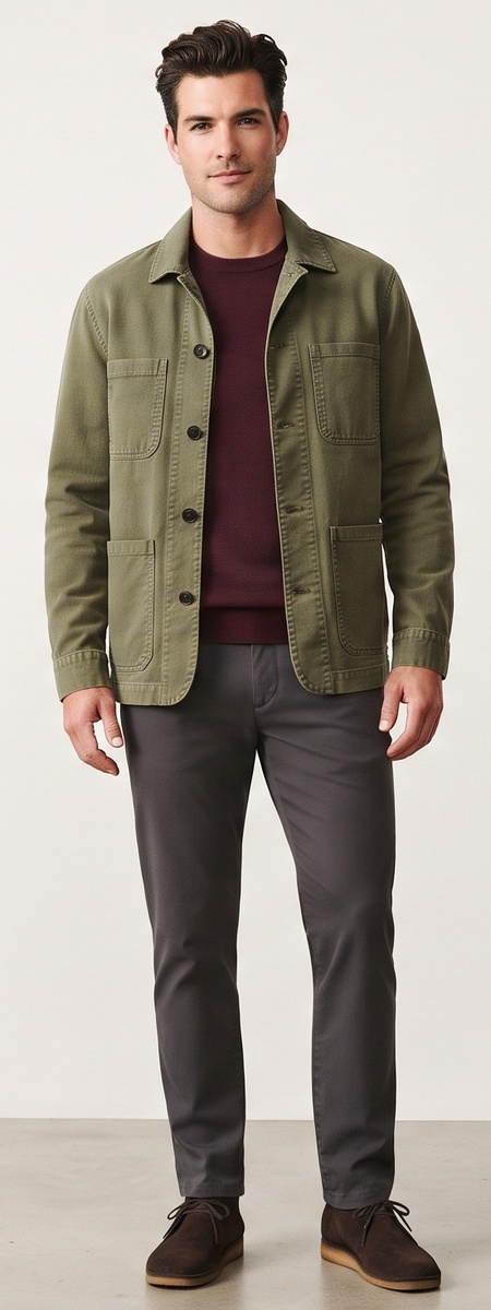 French Workwear Olive Cotton Chore Jacket Burgundy Knit and Grey Chinos Look
