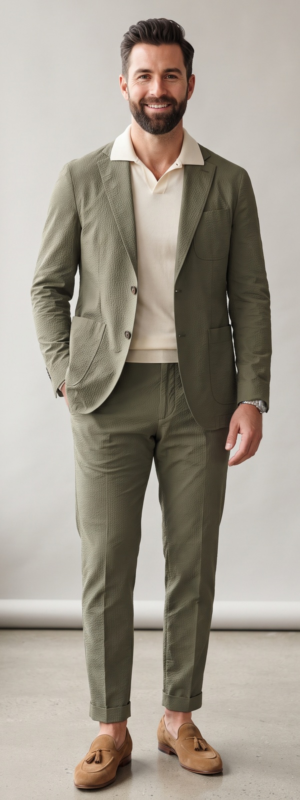 Olive Green Seersucker Suit with Cream Knit Polo and Suede Loafers