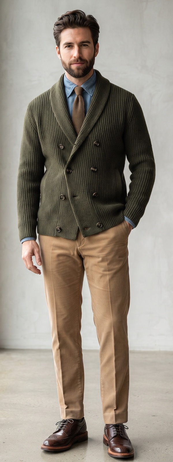 Olive Green Shawl Collar Cardigan with Tan Corduroy Pants