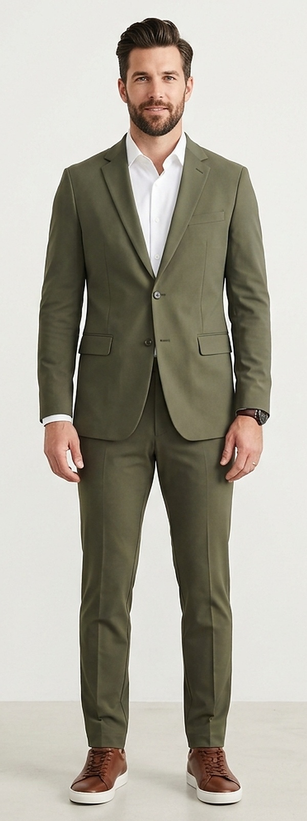 Modern Tech Commuter Olive Green Stretch Suit and Leather Dress Sneakers Look