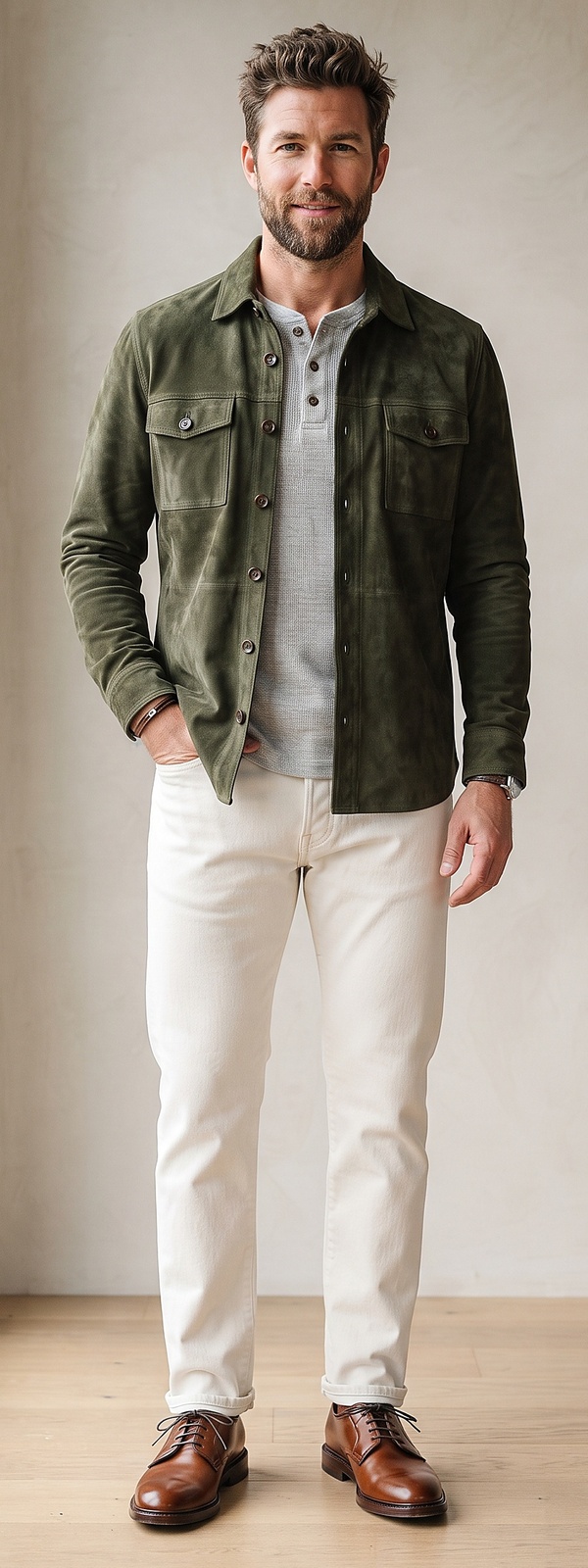 Olive Green Suede Overshirt Grey Henley and Off White Jeans Ensemble