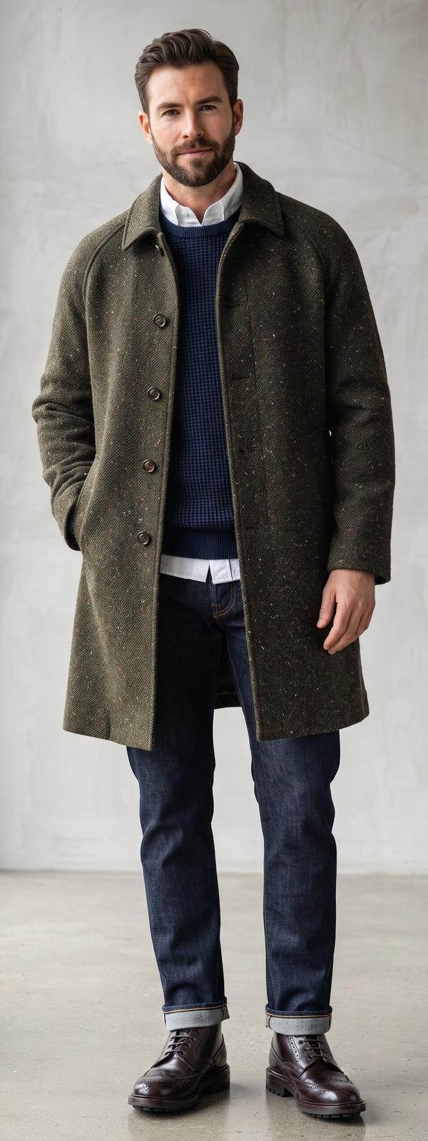 Olive Green Tweed Balmacann Coat with Navy Waffle Sweater and Dark Jeans
