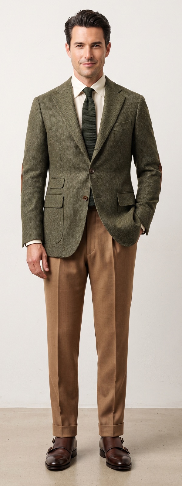 Olive Herringbone Tweed Blazer Green Knit Tie and Tan Dress Pants Look