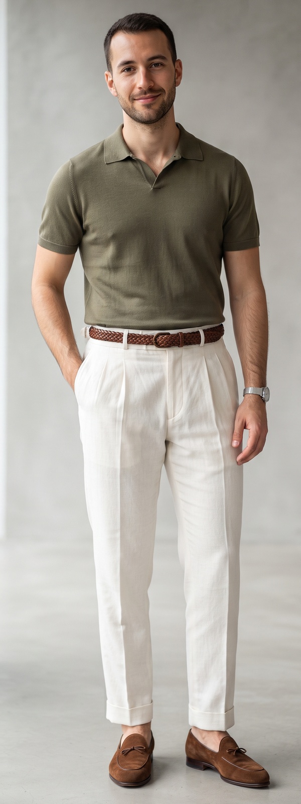 Sartorial Olive Knit Johnny-Collar Polo Shirt and Cream Pleated Linen Pants