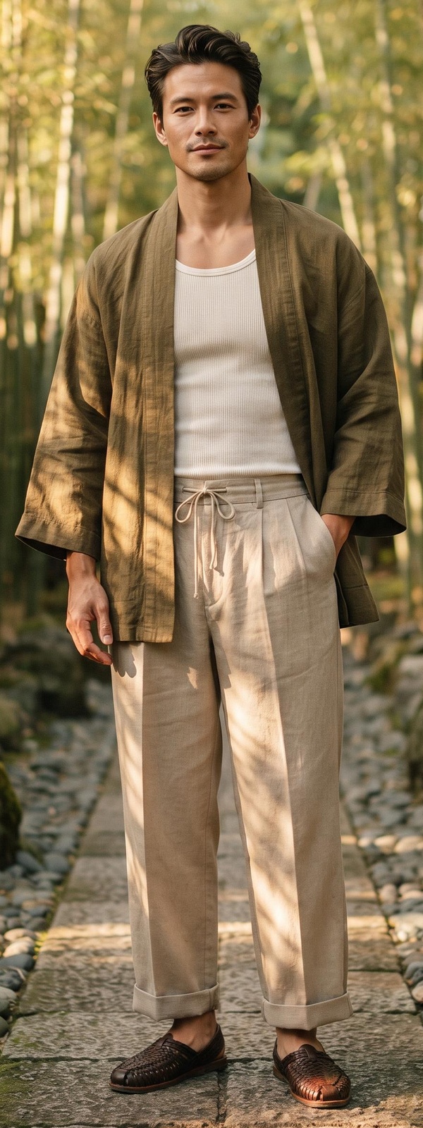 Olive Green Linen Kimono Cardigan, Ribbed Tank and Beige Wide-Leg Linen Pants
