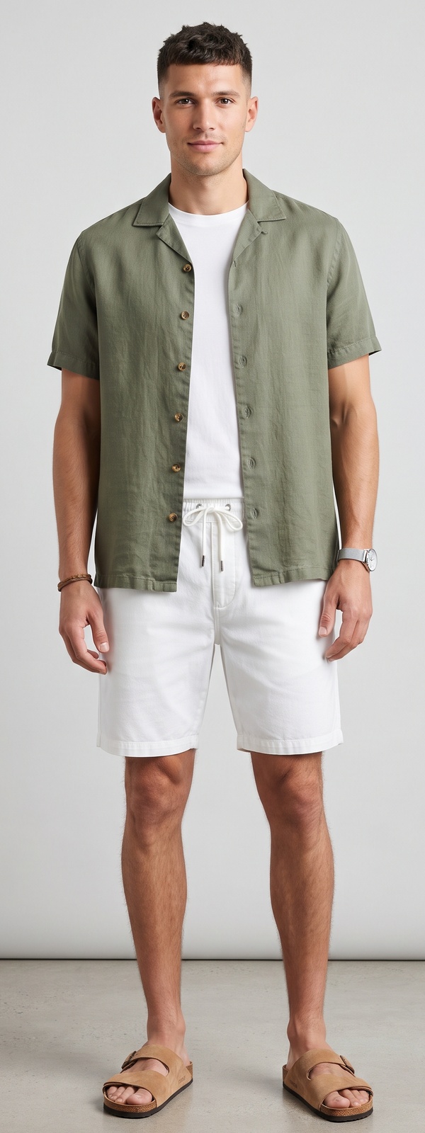 Olive Linen Overshirt White Tee and White Cotton Shorts Look