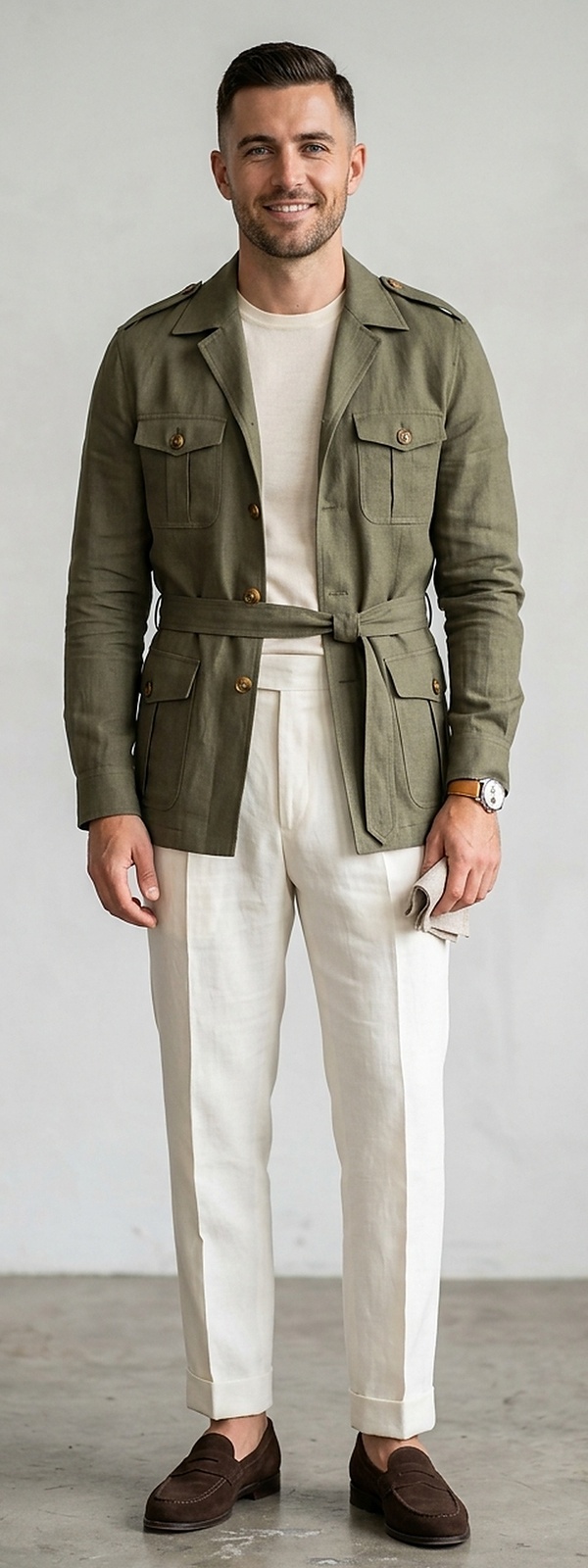 Colonial Resort Olive Green Linen Safari Jacket with Ecru Pleated Trousers Look