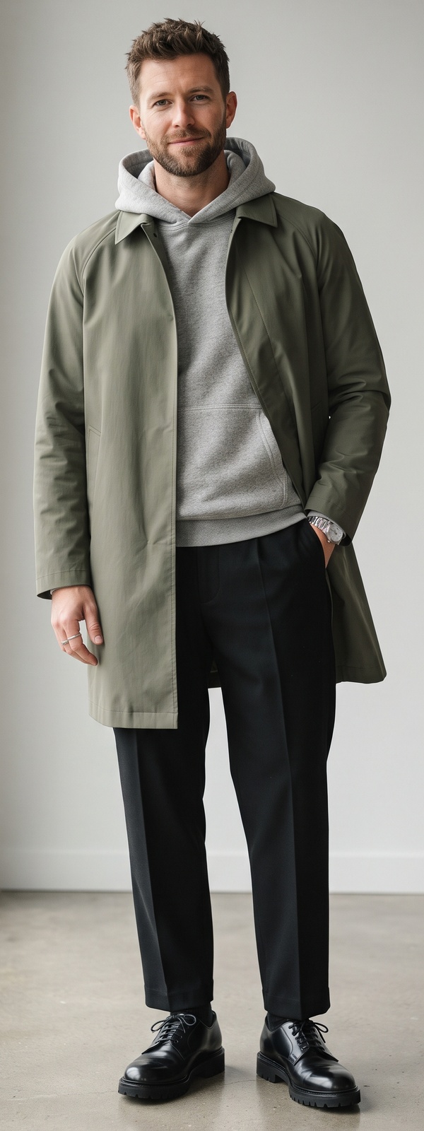 Olive Green Mac Coat Over Heather Grey Hoodie With Black Dress Pants and Derbies