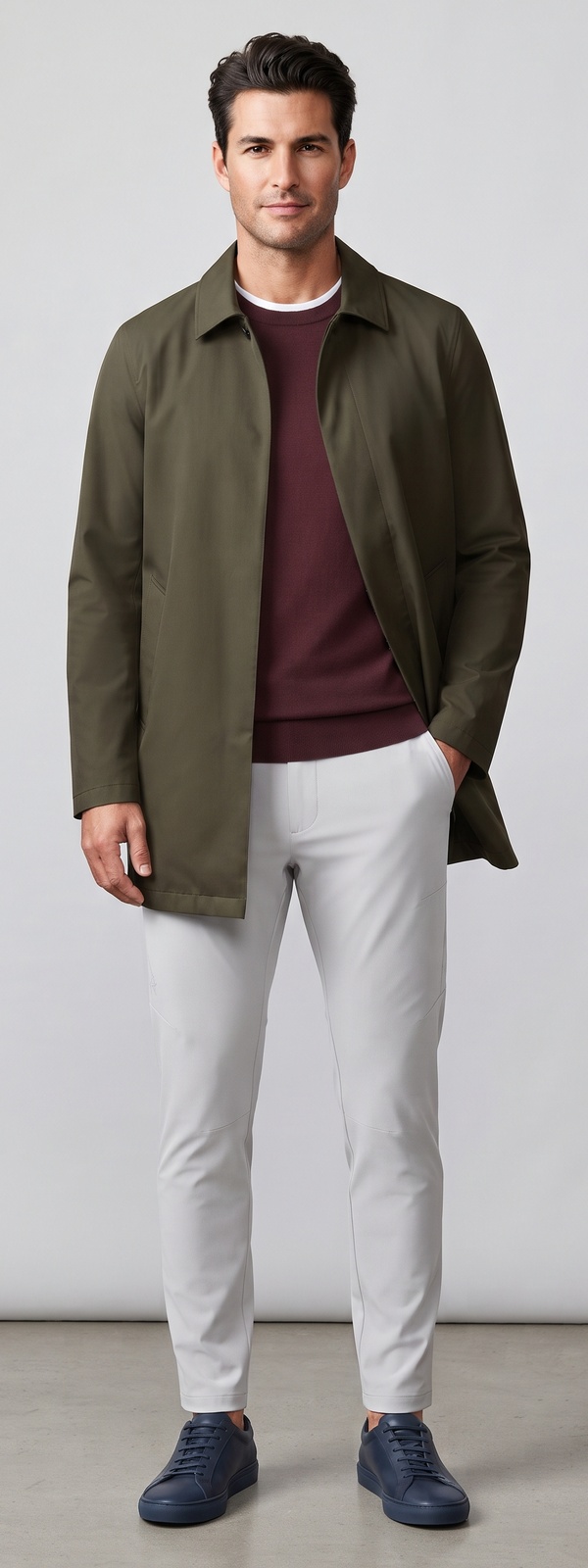 Olive Minimalist Mac Coat Burgundy Sweater and Grey Commuter Pants Look