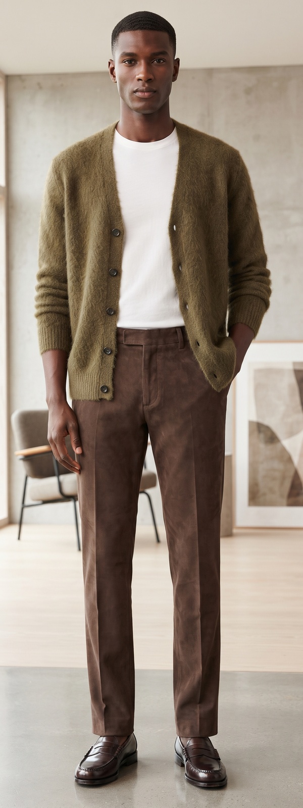 Olive Mohair Cardigan with White T-Shirt and Brown Suede Dress Pants