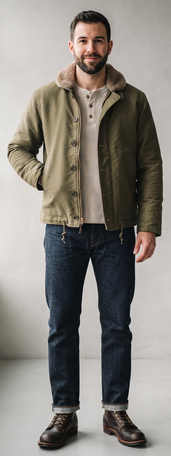 Olive N-1 Shearling-Collar Deck Jacket Over Oatmeal Waffle Henley With Selvedge Jeans