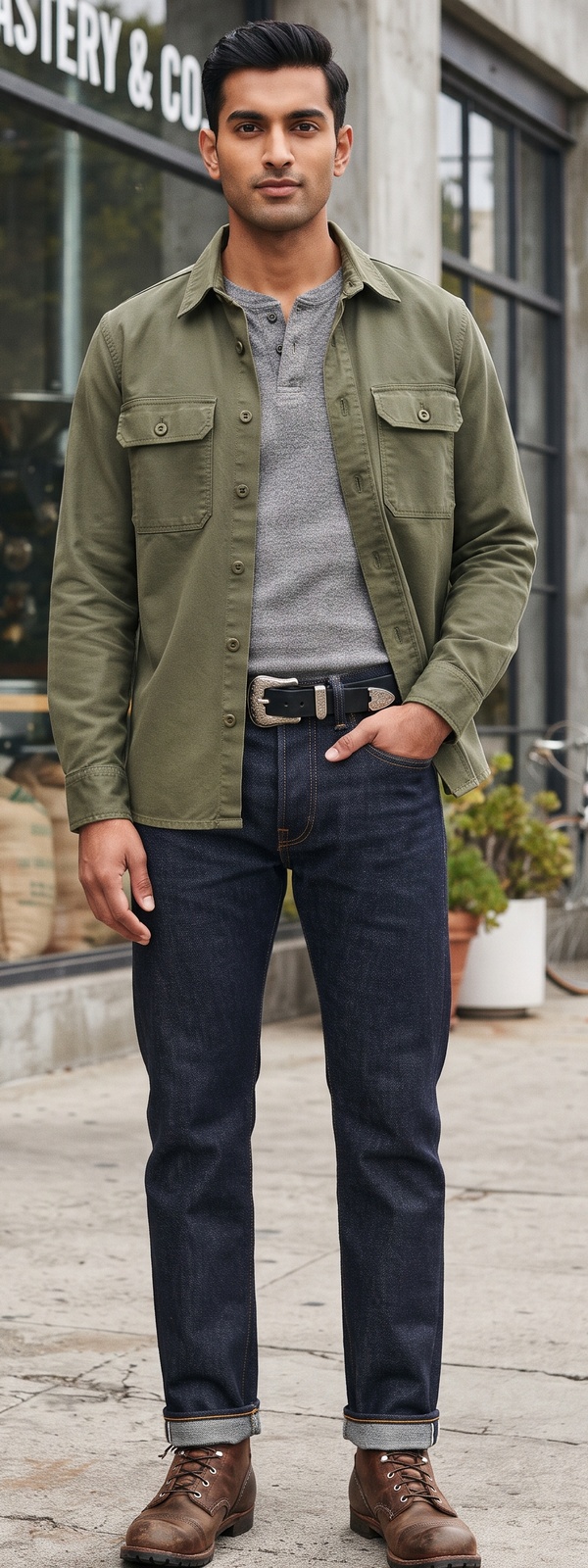 Olive Utility Overshirt with Grey Henley and Cuffed Selvedge Jeans