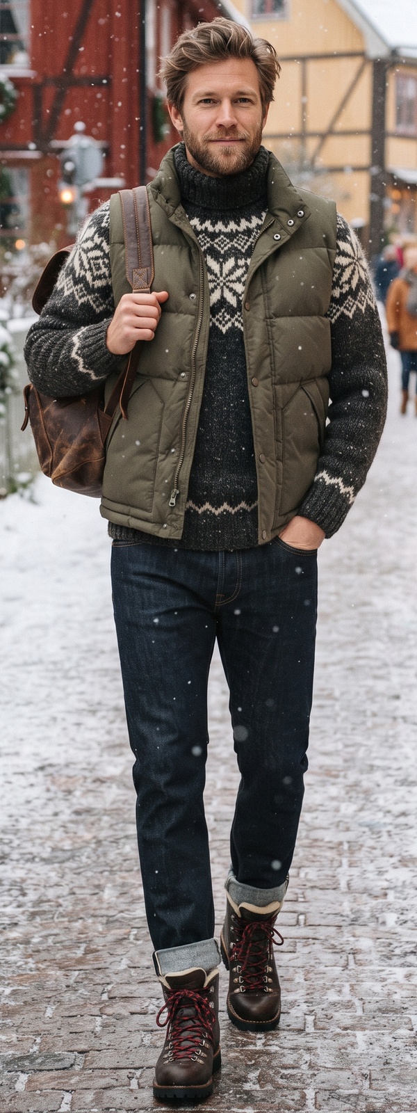 Nordic Winter Olive Puffer Vest and Charcoal Fair Isle Turtleneck Look
