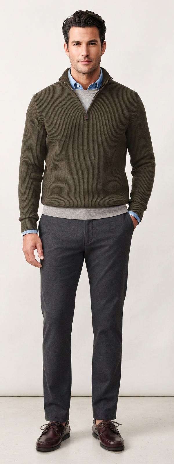 Olive Quarter Zip Sweater Chambray Shirt and Charcoal Dress Pants Look