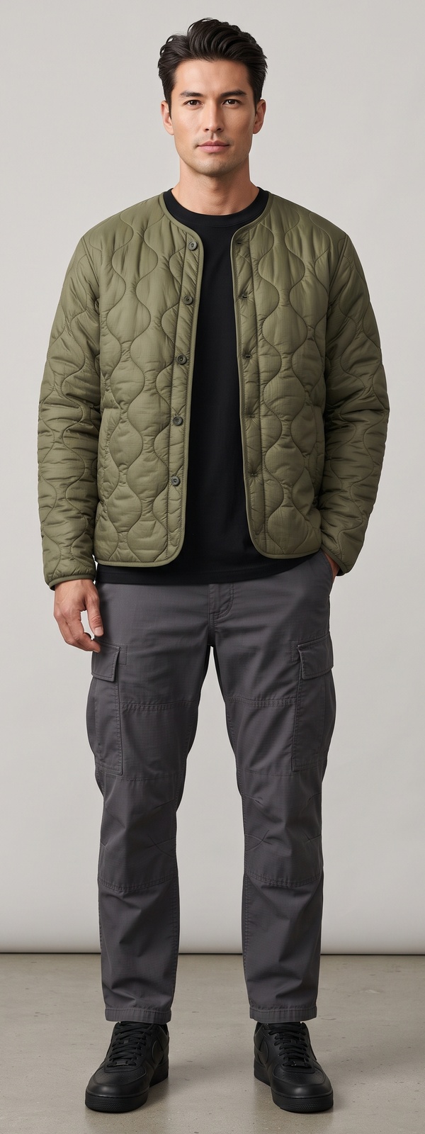 Olive Onion Quilted Liner Jacket Black Tee and Charcoal Cargo Pants Look