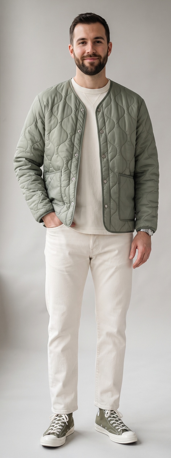 Olive Quilted Liner Jacket Over Cream Sweatshirt With Ecru Jeans and High-Top Sneakers
