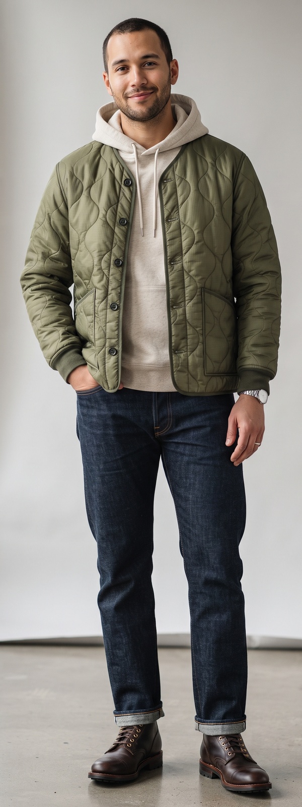 Olive Quilted Liner Jacket Over Oatmeal Hoodie With Cuffed Selvedge Jeans and Cap-Toe Boots