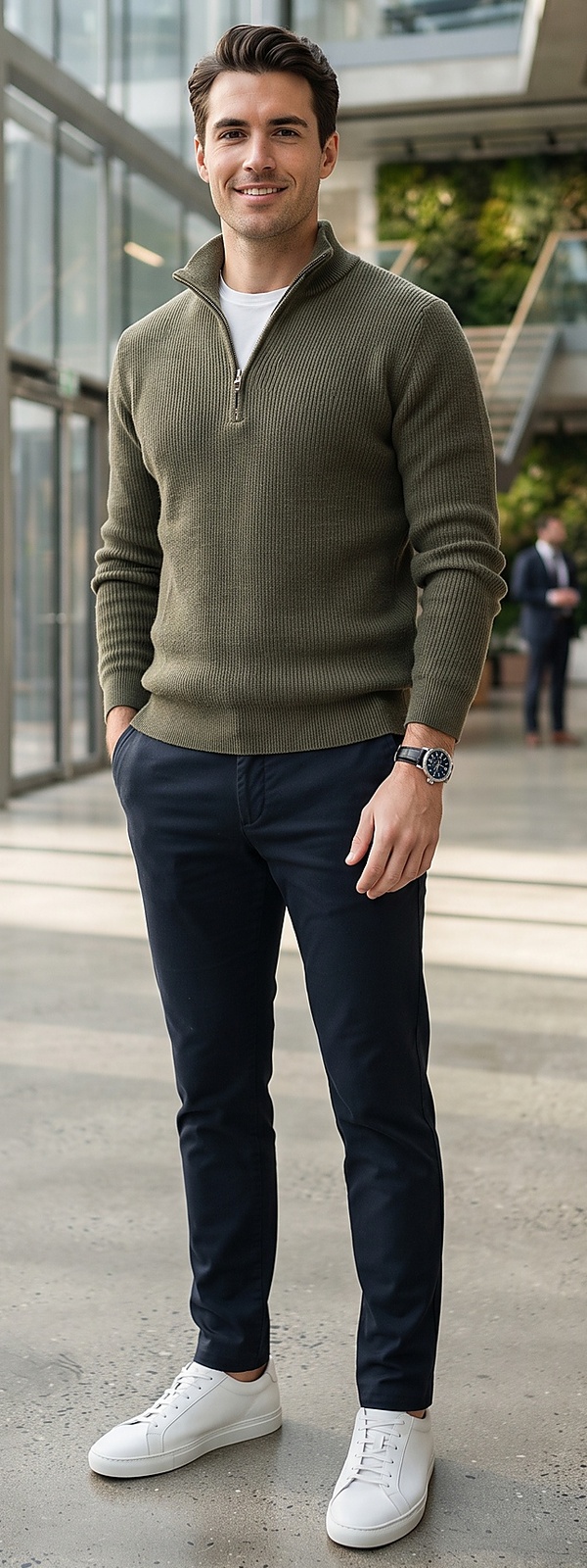 Modern Olive Ribbed Quarter Zip and Navy Chino Pants Ensemble