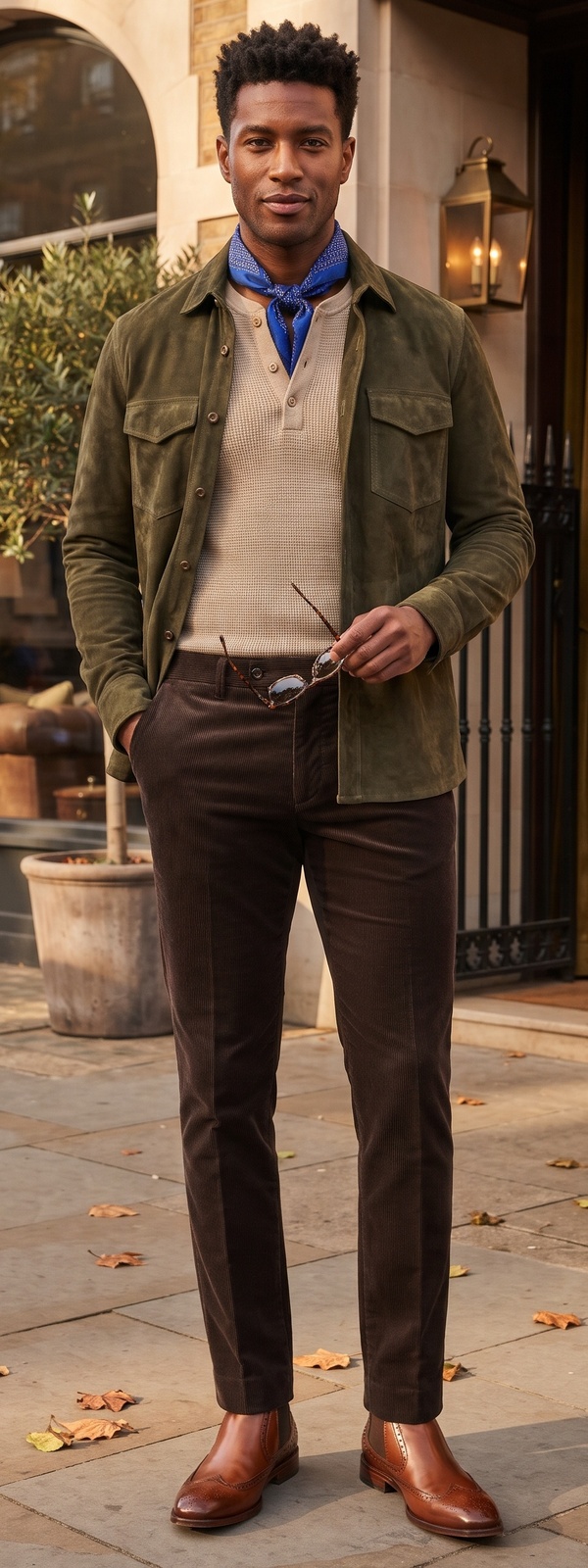 Olive Suede Overshirt with Waffle Henley and Brown Corduroy Trousers