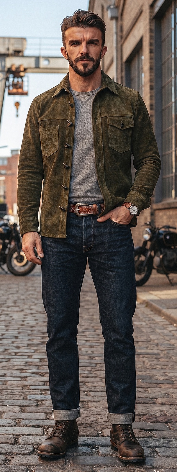 Olive Suede Shirt Jacket Grey Tee and Indigo Selvedge Jeans Look