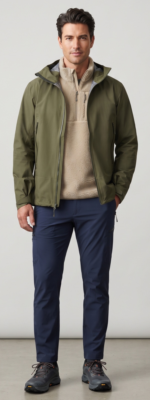 Olive Technical Shell Jacket Oatmeal Fleece and Navy Cargo Pants Look