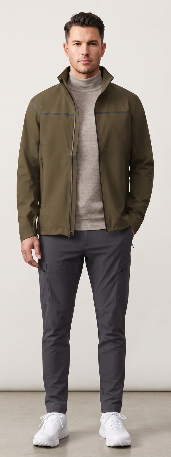 Olive Green Technical Softshell Jacket Oatmeal Mock Neck and Cargo Pants Look