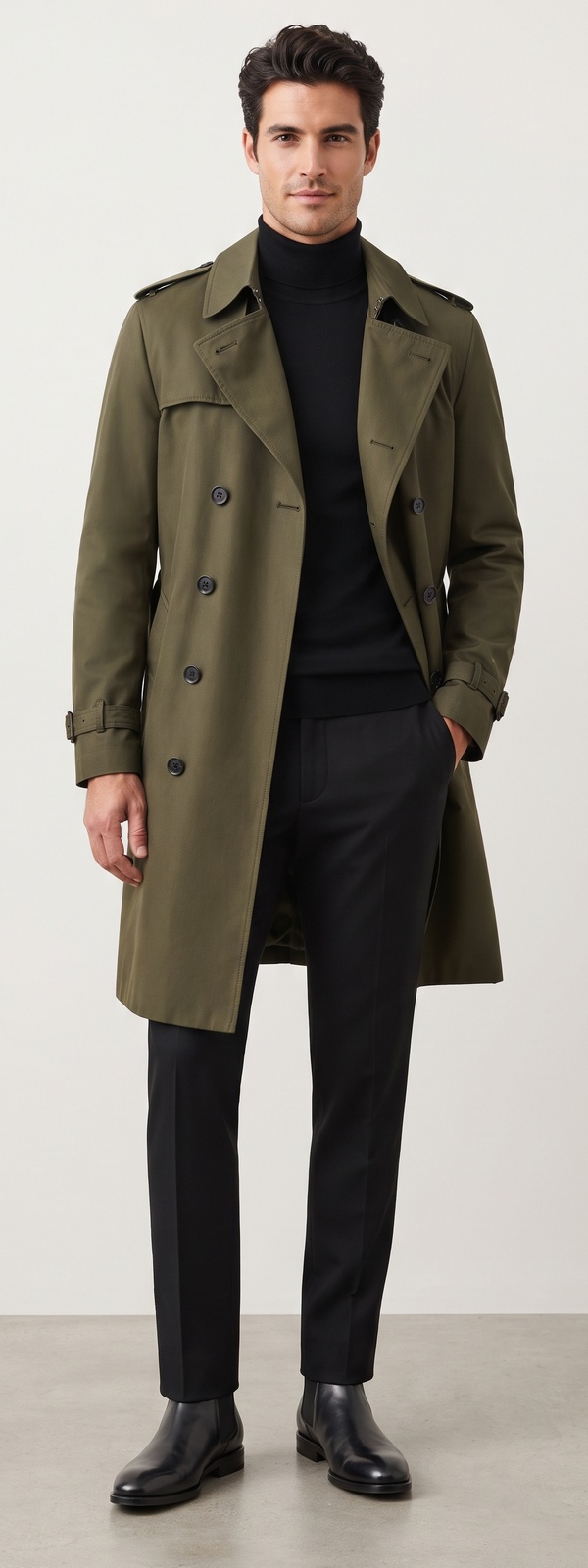 Quiet Luxury Olive Green Trench Coat Black Turtleneck and Tailored Pants Look