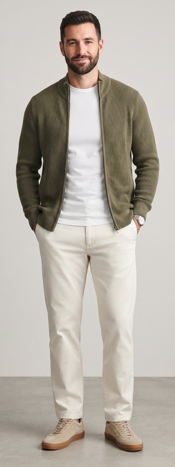Olive Waffle Knit Zip Cardigan with Off-White Chinos and Suede Sneakers