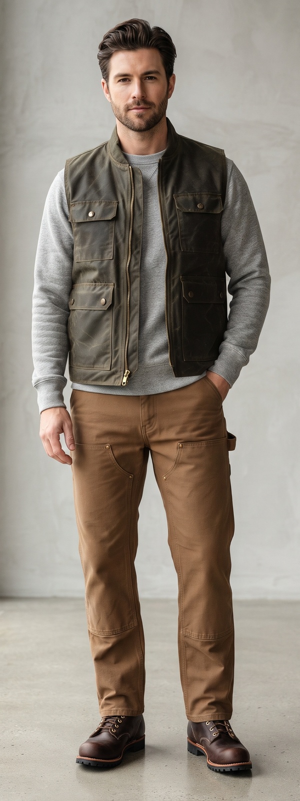 Olive Green Waxed Canvas Vest with Brown Double Knee Pants