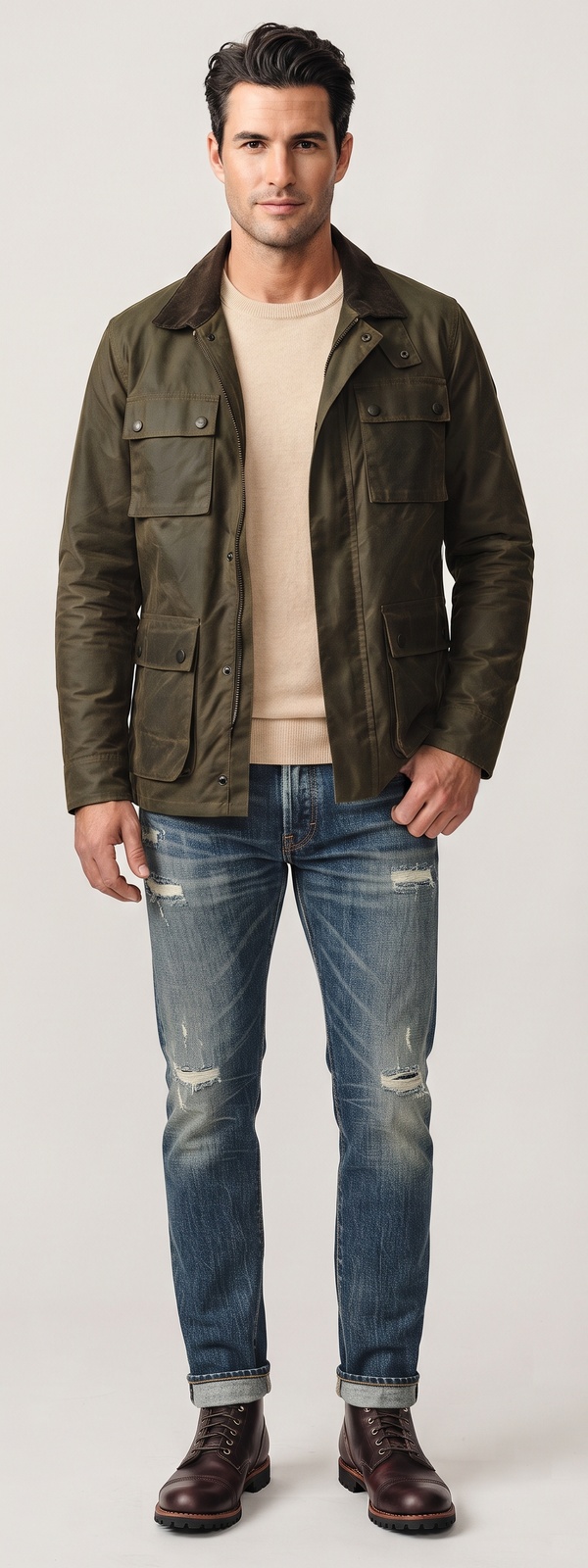 Olive Waxed Canvas Field Jacket Cream Henley and Selvedge Denim Look