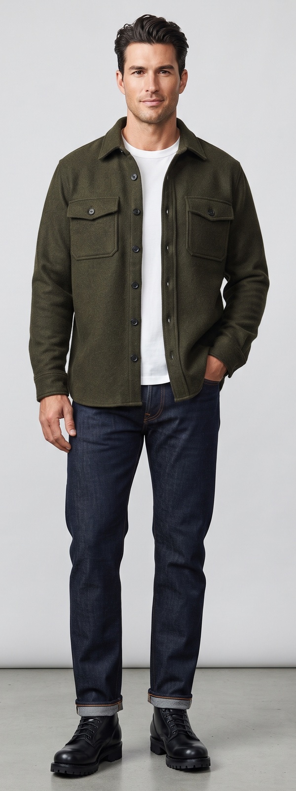 Olive Wool Flannel CPO Overshirt White Tee and Selvedge Denim Look