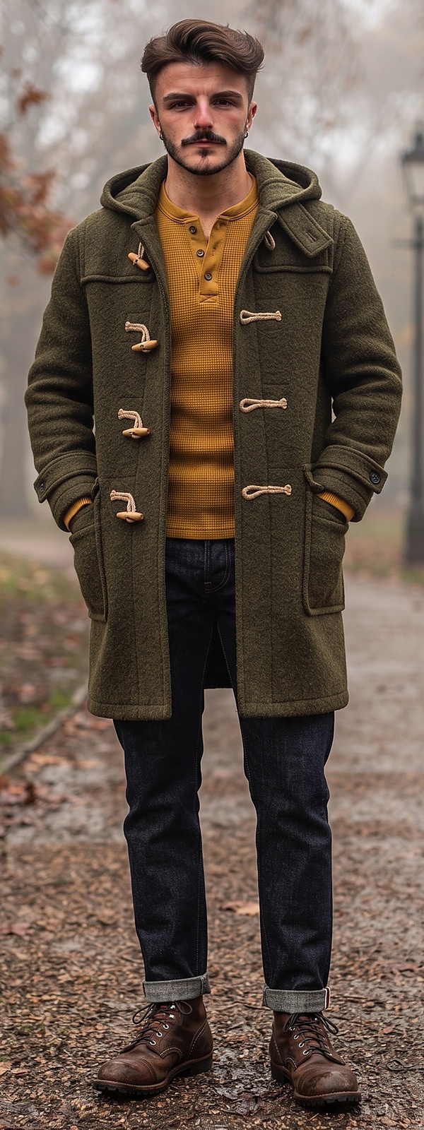 Olive Wool Duffle Coat Mustard Henley and Indigo Selvedge Jeans Outfit