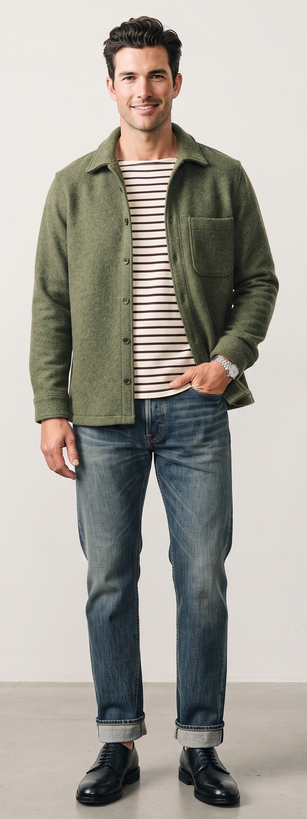 Effortless Olive Wool Overshirt Breton Stripe Tee and Classic Denim Look