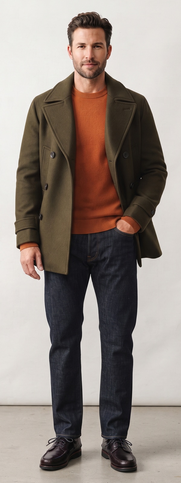 Olive Wool Pea Coat Rust Sweater and Dark Denim Jeans Look