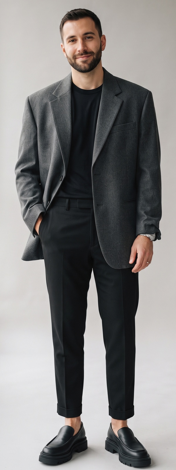 Contemporary Oversized Charcoal Wool Blazer and Cropped Black Pants With Lug Loafers