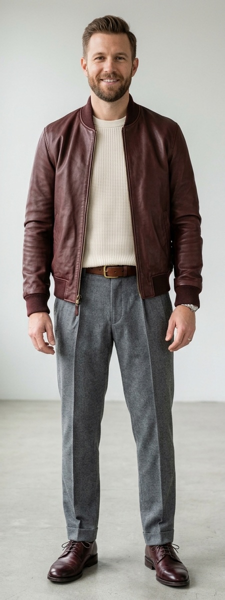 Oxblood Burgundy Leather Bomber Jacket with Grey Flannel Dress Pants