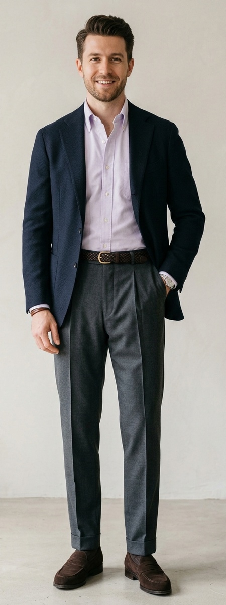 Pale Lilac Oxford Dress Shirt with Navy Blazer and Charcoal Wool Dress Pants