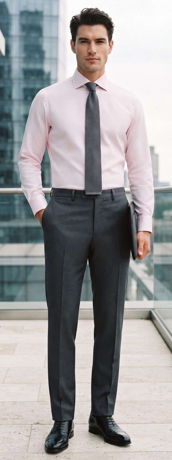Pale Pink Dress Shirt with Charcoal Knit Tie and Grey Wool Trousers