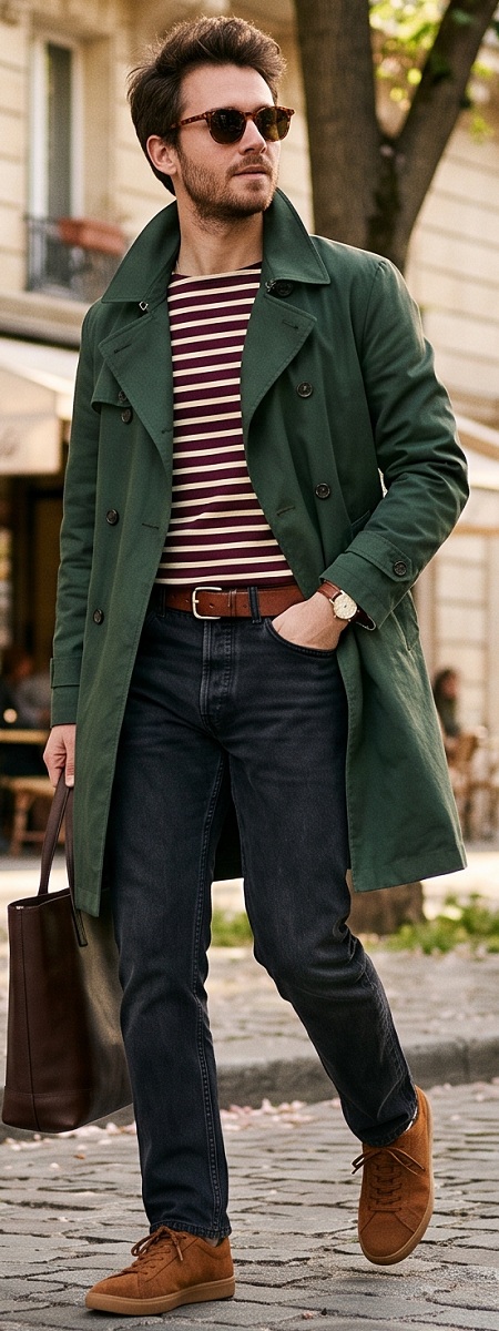 Parisian Chic Forest Green Trench Coat with Burgundy Breton Striped Shirt, Washed Black Jeans, and Suede Sneakers Outfit